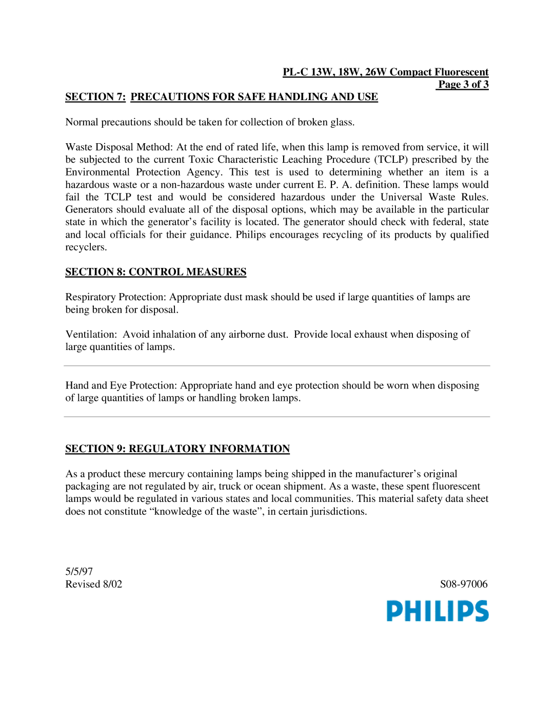 Philips PL-C manual Precautions for Safe Handling and USE, Control Measures, Regulatory Information 