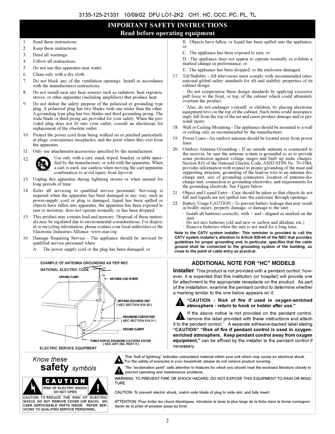 Philips PL, TL, PC, TC, OCC, CH1, HC manual Important Safety Instructions 