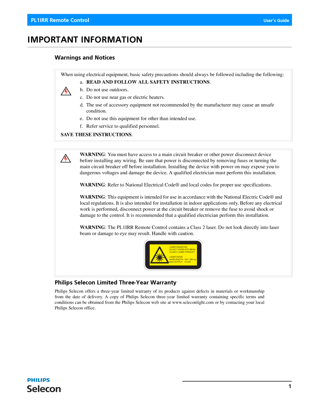 Philips PL1IRR Important Information, Philips Selecon Limited Three-Year Warranty, Read and Follow ALL Safety Instructions 