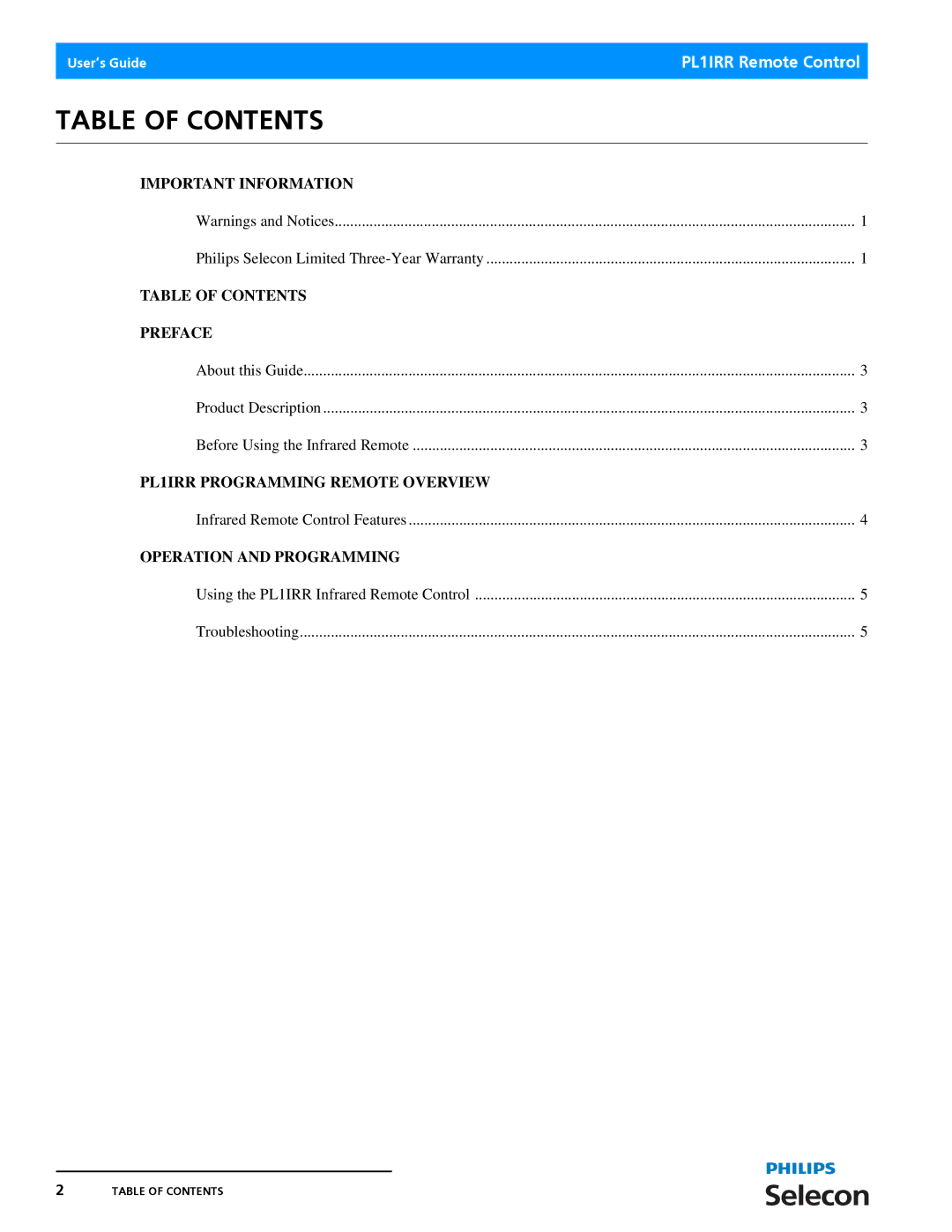 Philips PL1IRR manual Table of Contents 