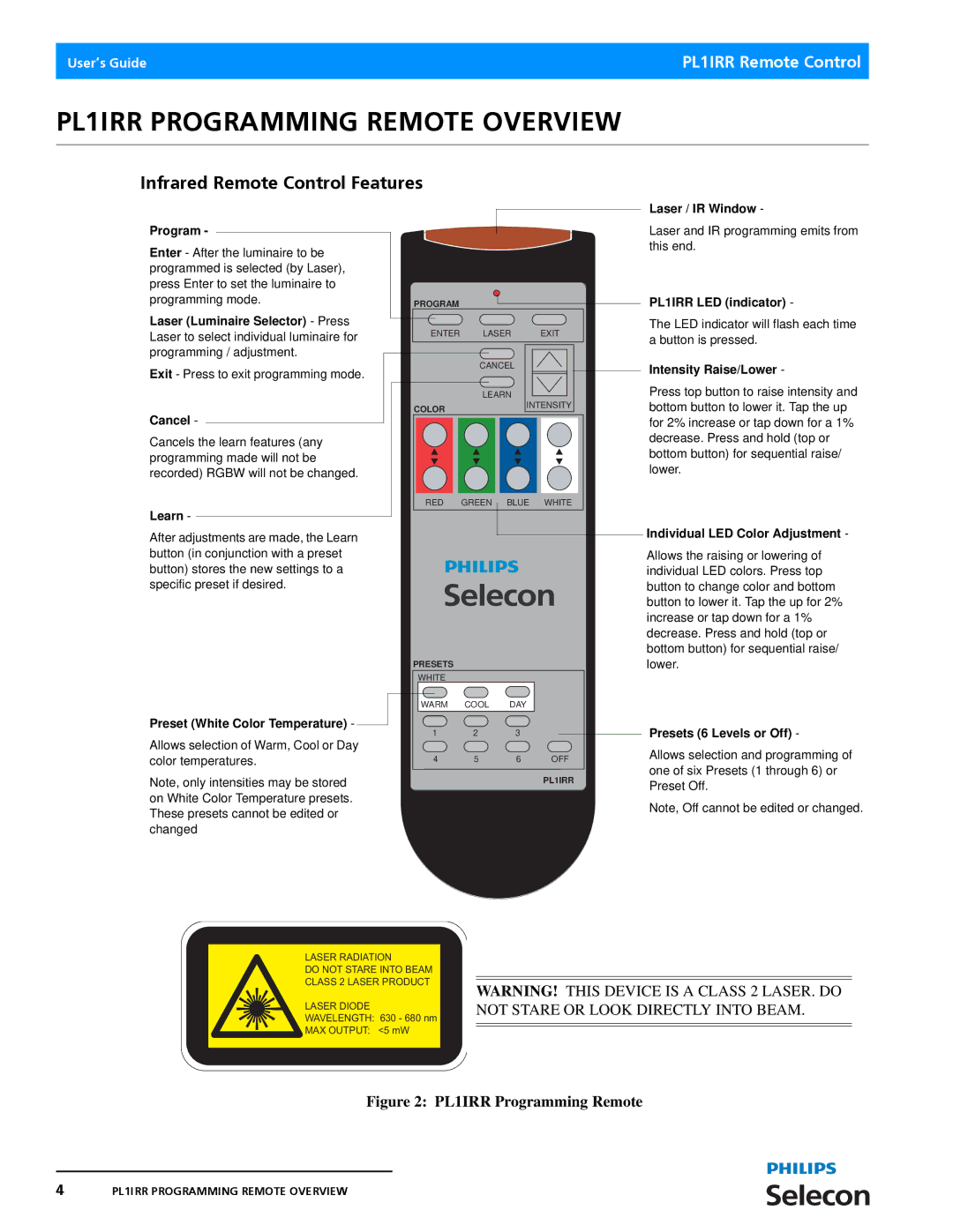 Philips manual PL1IRR Programming Remote Overview, Infrared Remote Control Features 