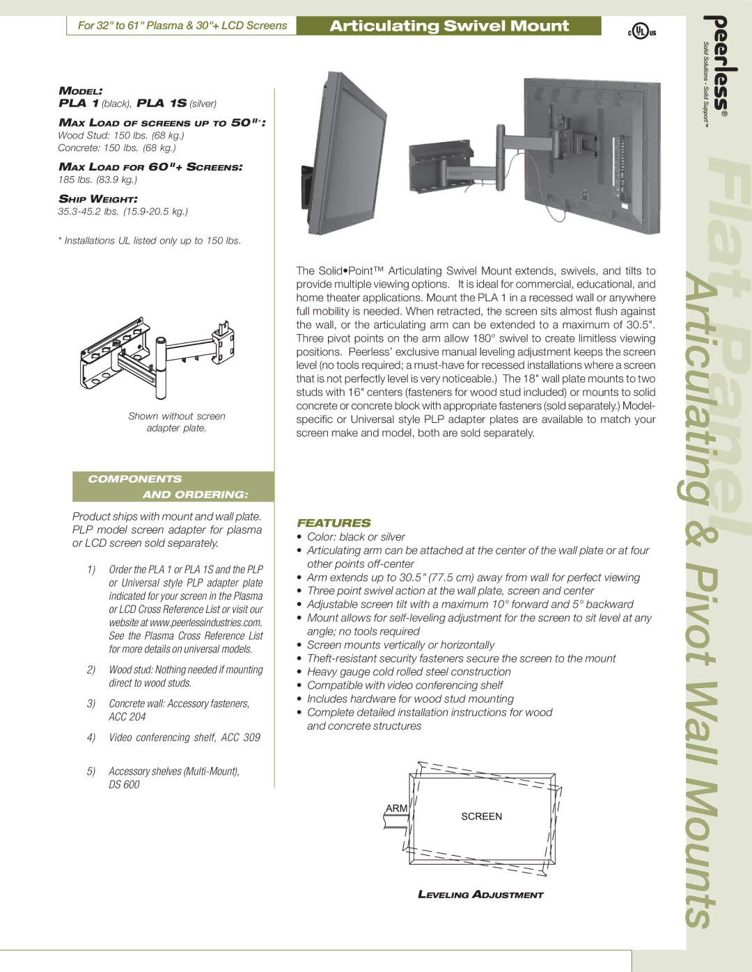 Philips PLA-1 manual Articulating & Pivot Wall Mounts 