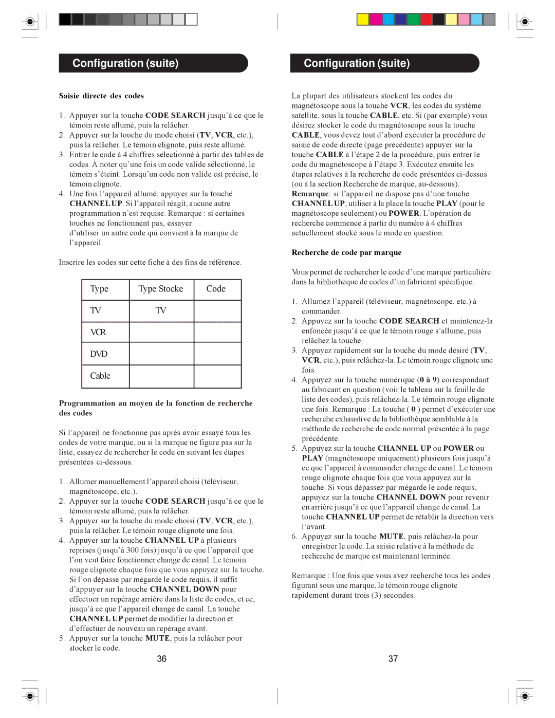 Philips PM-4S 4 manual Configuration suite, Saisie directe des codes, Recherche de code par marque 