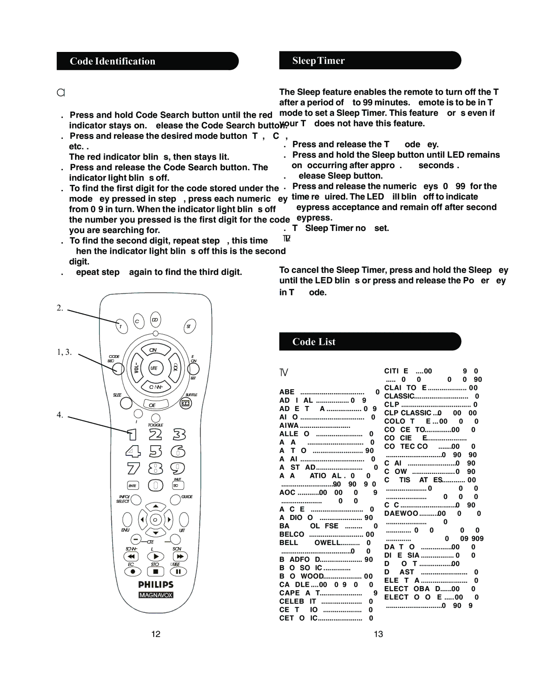 Philips PM435 manual Code Identification, Sleep Timer, Code List 