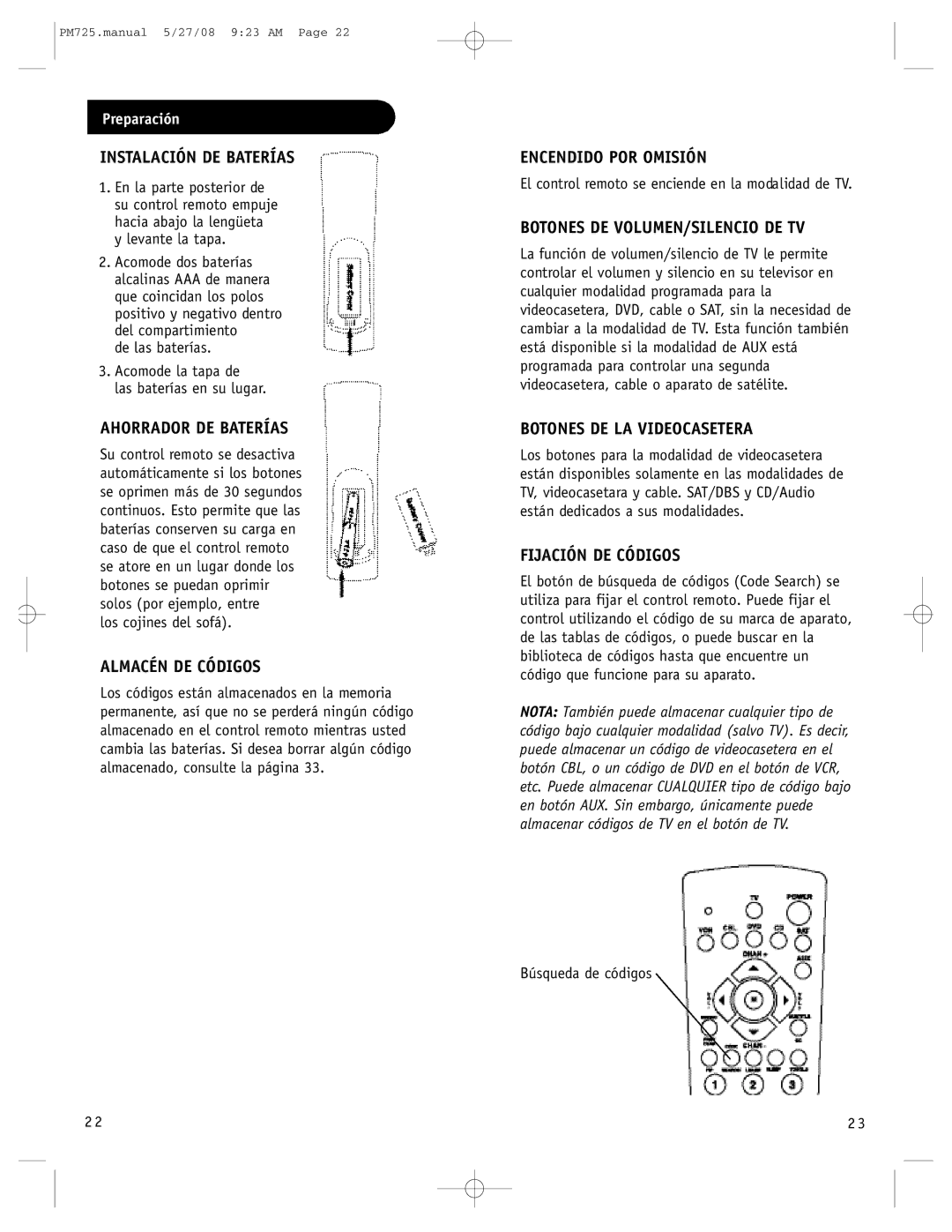 Philips PM725S, P725S manual Instalación DE Baterías, Ahorrador DE Baterías, Almacén DE Códigos, Encendido POR Omisión 