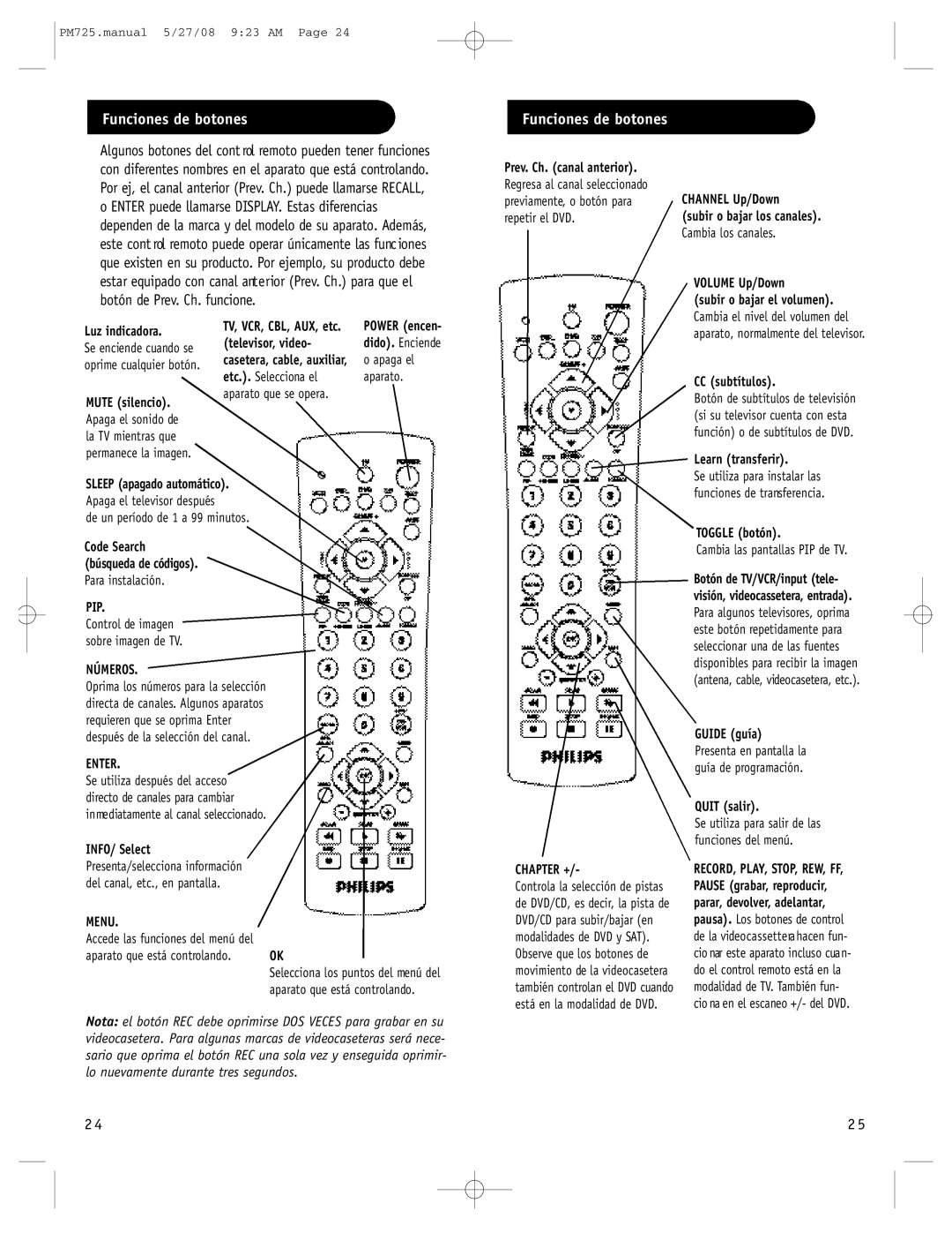 Philips P725S, PM725S manual Funciones de botones, Mute silencio 