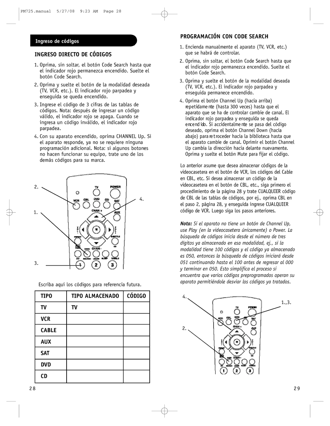 Philips P725S, PM725S manual Ingreso Directo DE Códigos, Tipo, TV TV VCR Cable AUX SAT DVD Programación CON Code Search 