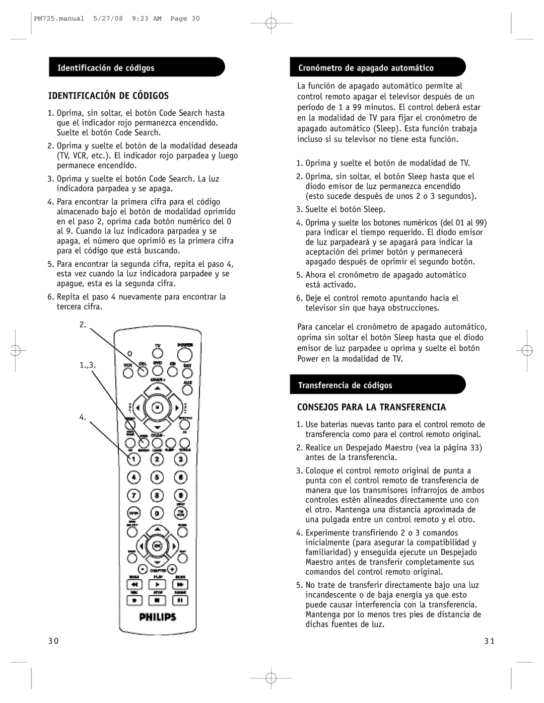 Philips PM725S, P725S manual Identificación DE Códigos, Consejos Para LA Transferencia, Identificación de códigos 