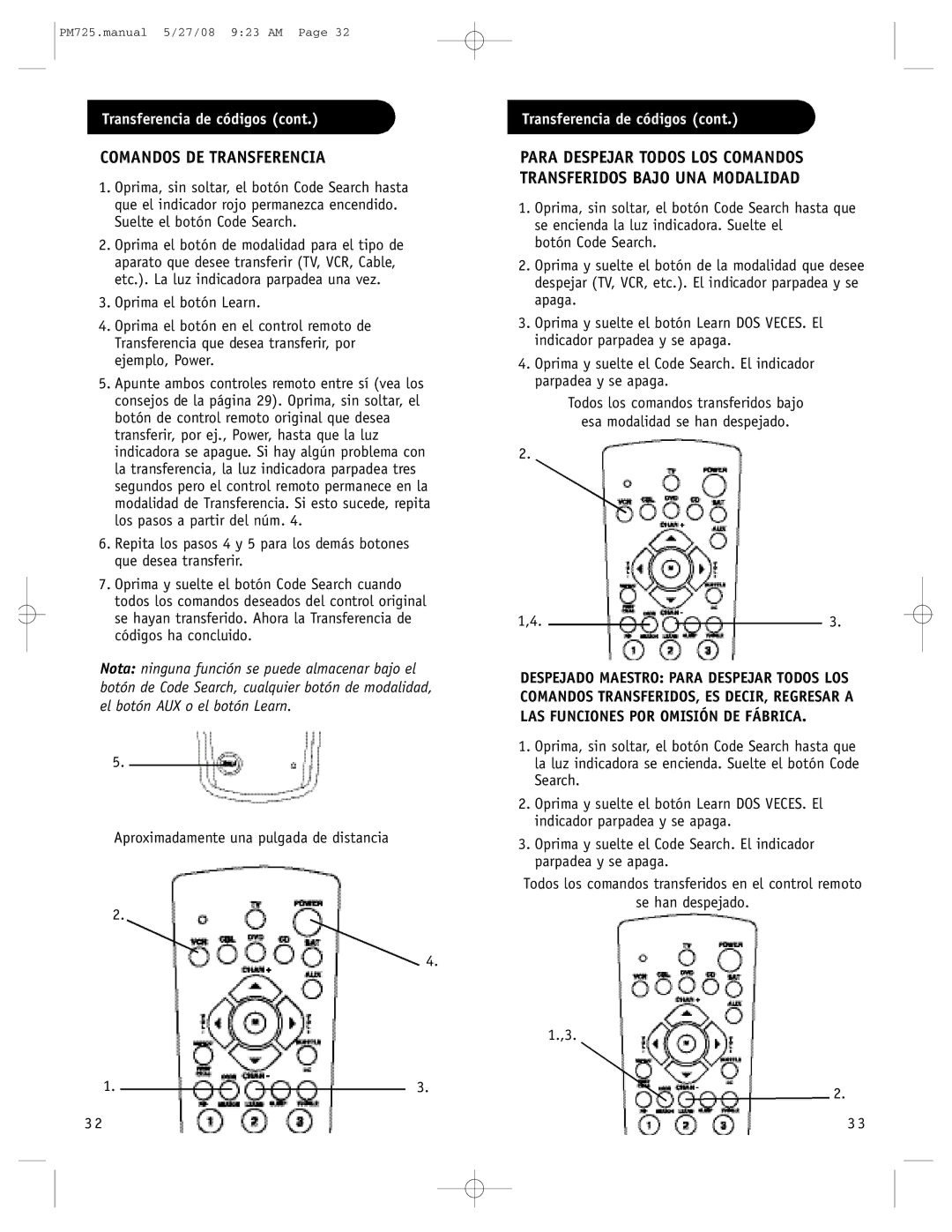 Philips P725S, PM725S manual Comandos DE Transferencia, Aproximadamente una pulgada de distancia 