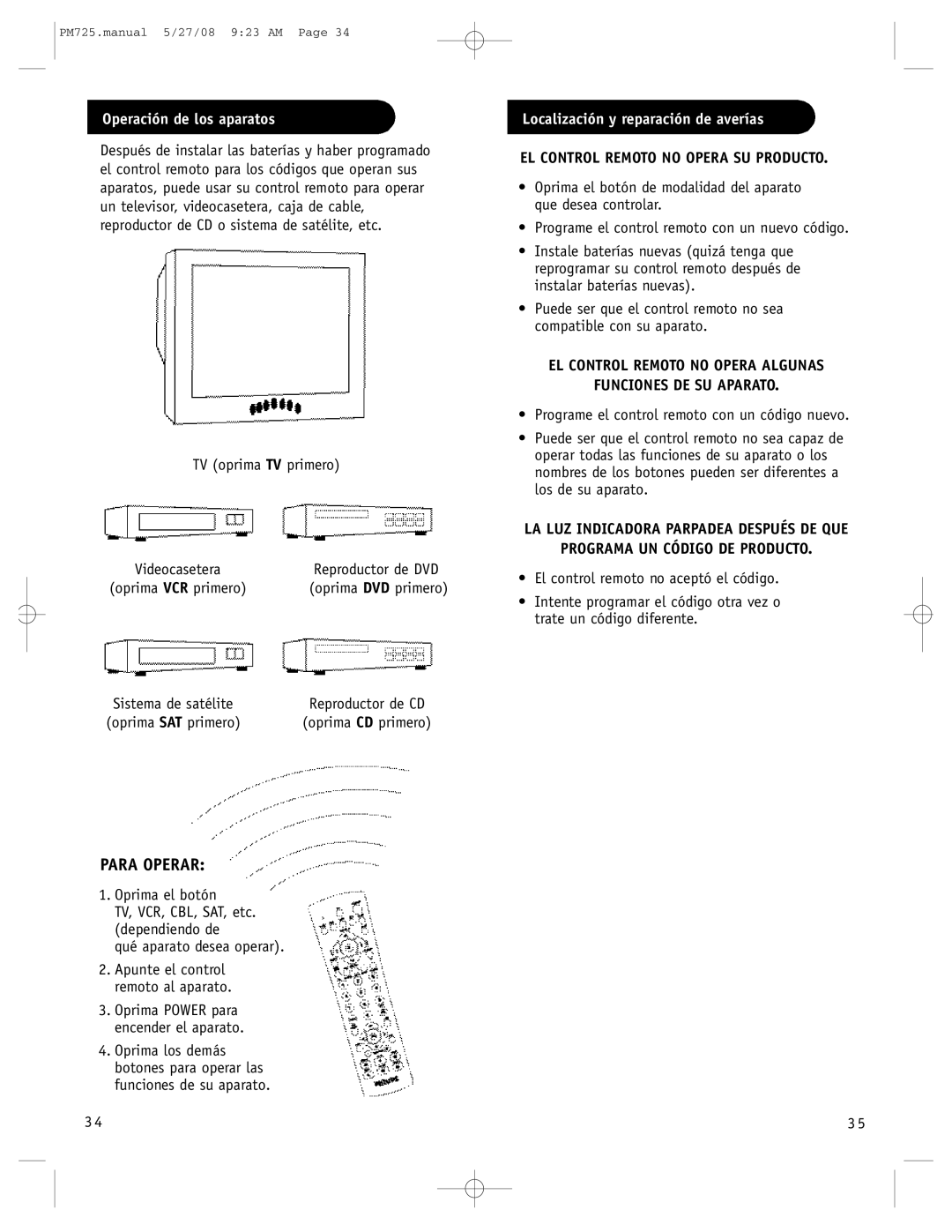 Philips PM725S, P725S manual Para Operar, Operación de los aparatos, Localización y reparación de averías 