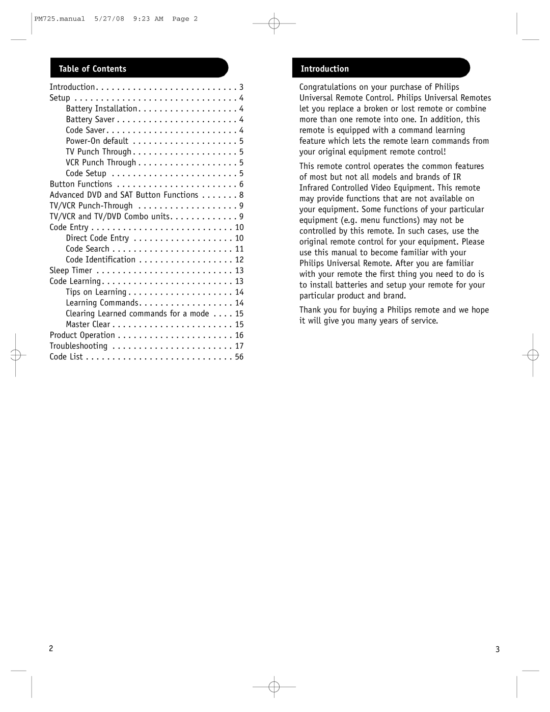 Philips PM725S, P725S manual Table of Contents, Introduction 