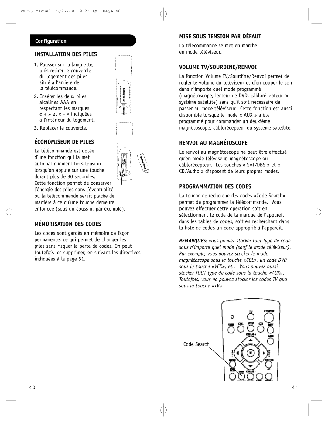 Philips P725S, PM725S Installation DES Piles, Économiseur DE Piles, Mémorisation DES Codes, Mise Sous Tension PAR Défaut 