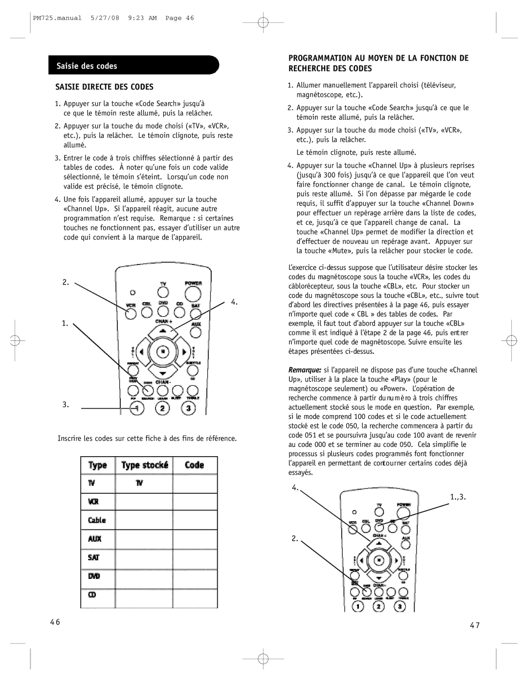 Philips PM725S, P725S manual Saisie des codes, Saisie Directe DES Codes 