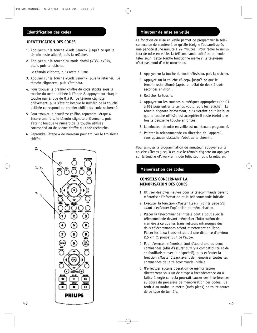 Philips P725S manual Identification des codes, Identification DES Codes, Minuteur de mise en veille, Mémorisation des codes 