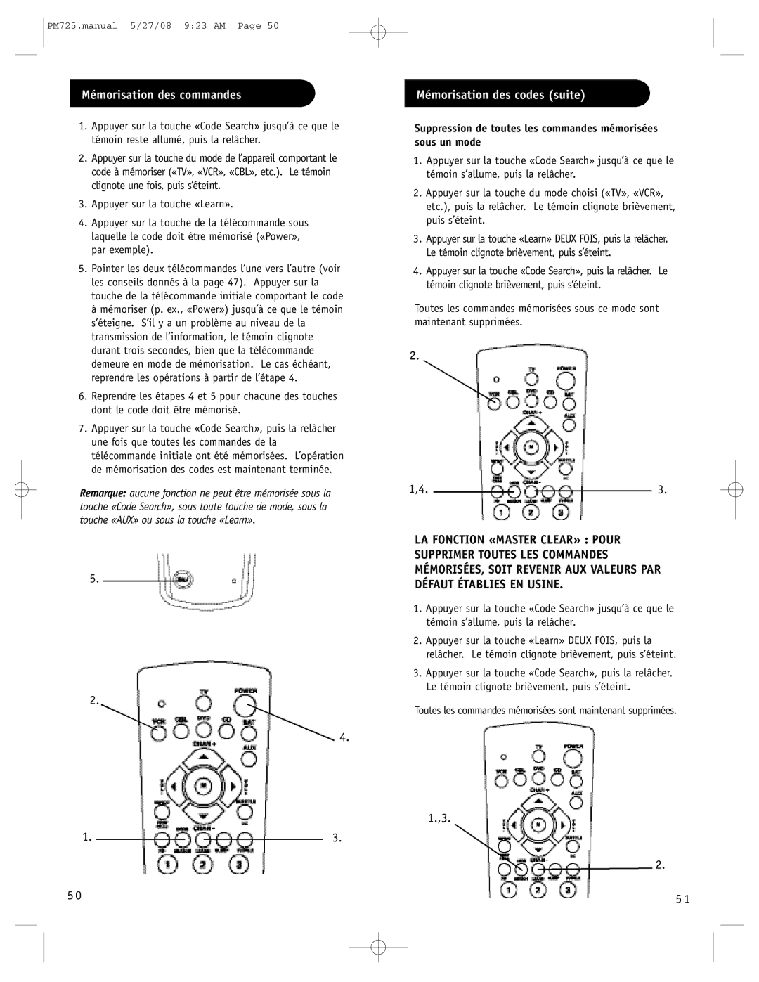 Philips PM725S, P725S manual Mémorisation des commandes, Mémorisation des codes suite 