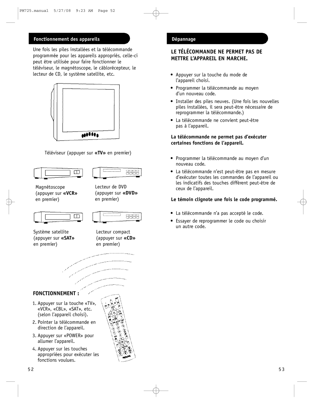 Philips P725S, PM725S manual Fonctionnement des appareils, En premier, Dépannage 