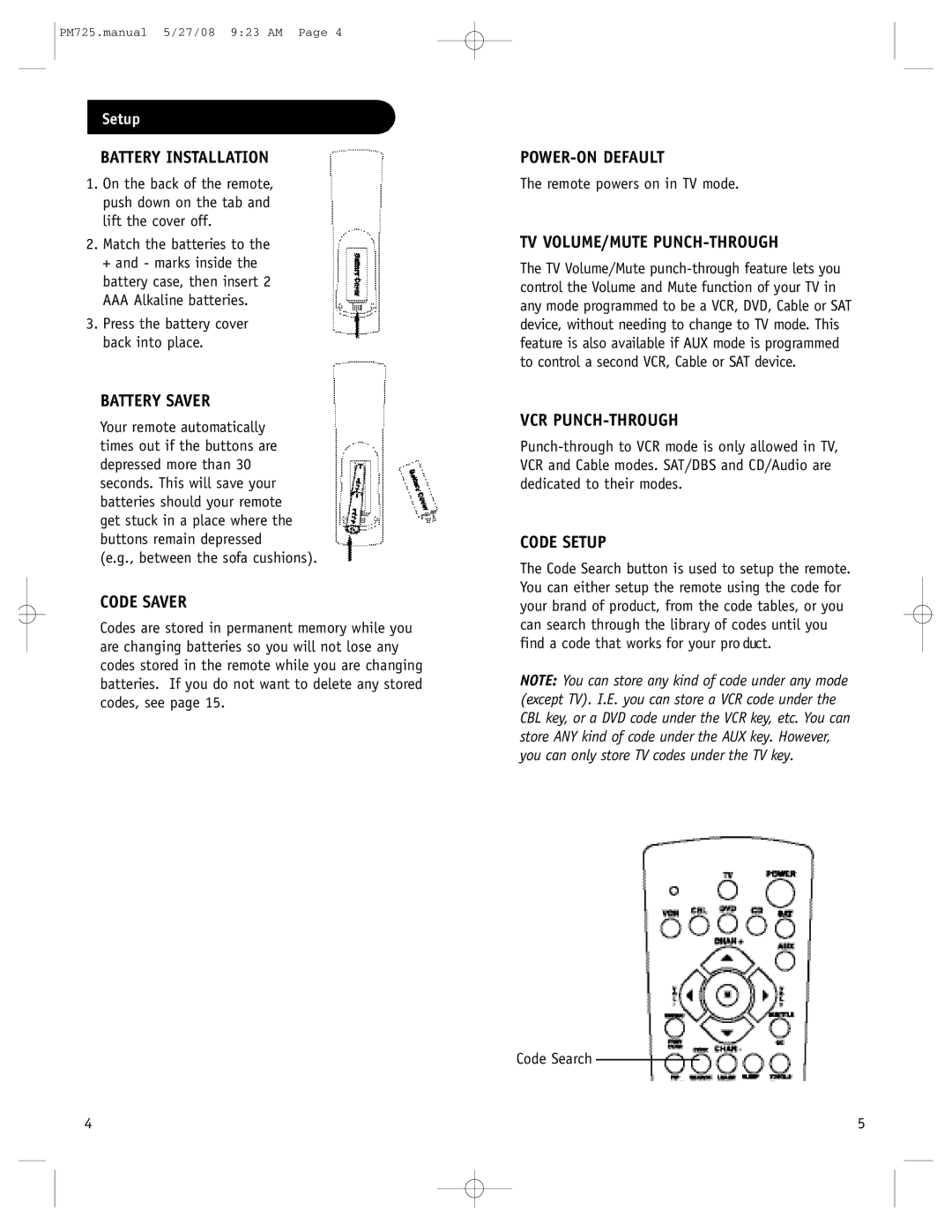 Philips P725S Battery Installation, Battery Saver, Code Saver, POWER-ON Default, Tv Volume/Mute Punch-Through, Code Setup 