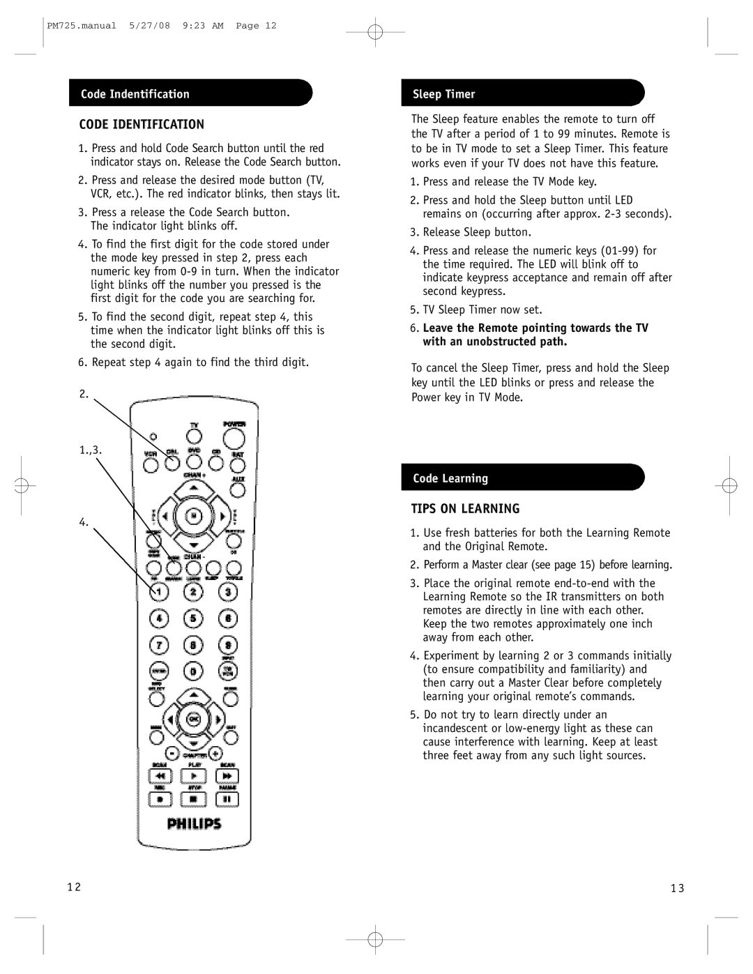 Philips P725S, PM725S manual Code Identification, Tips on Learning, Code Indentification, Sleep Timer, Code Learning 