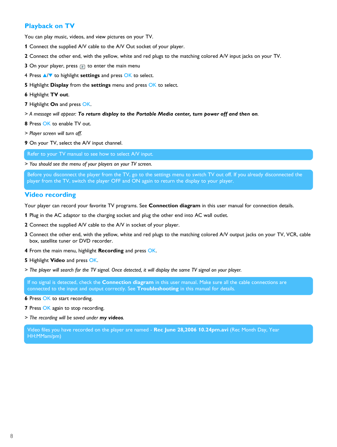 Philips PMC7230 user manual Playback on TV, Video recording 