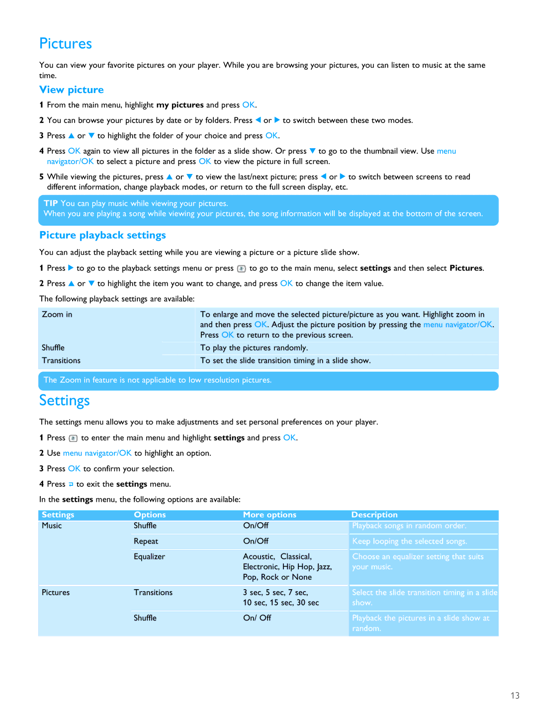 Philips PMC7230 user manual Pictures, Settings, View picture, Picture playback settings 