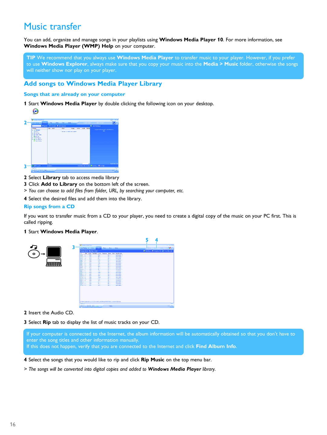 Philips PMC7230 Music transfer, Add songs to Windows Media Player Library, Songs that are already on your computer 