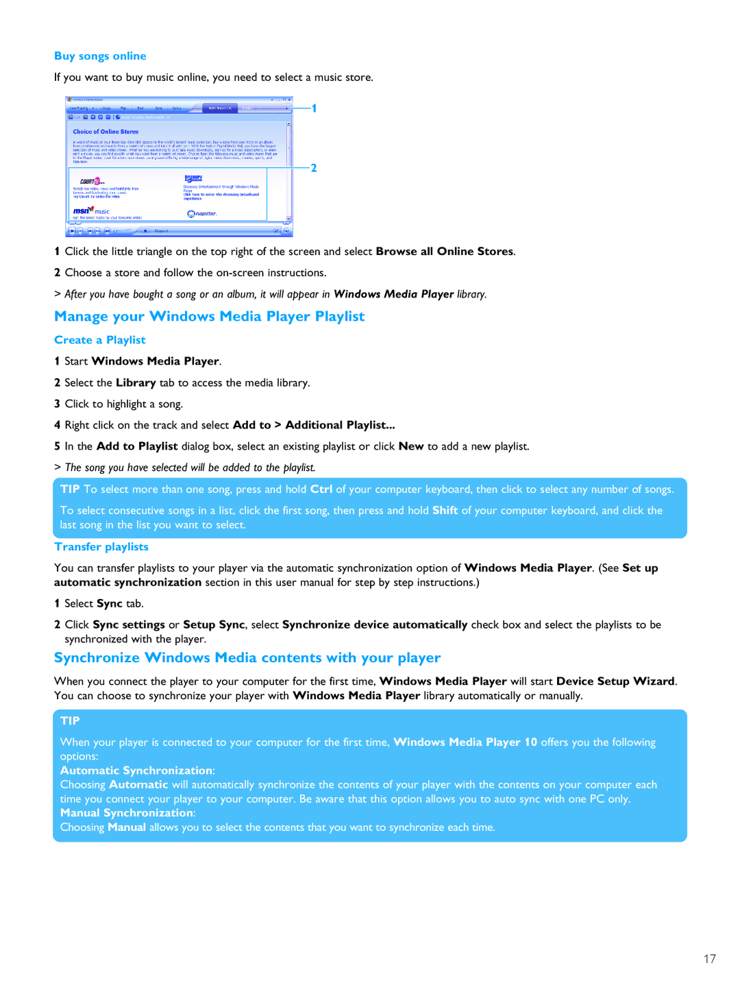 Philips PMC7230 user manual Manage your Windows Media Player Playlist, Synchronize Windows Media contents with your player 