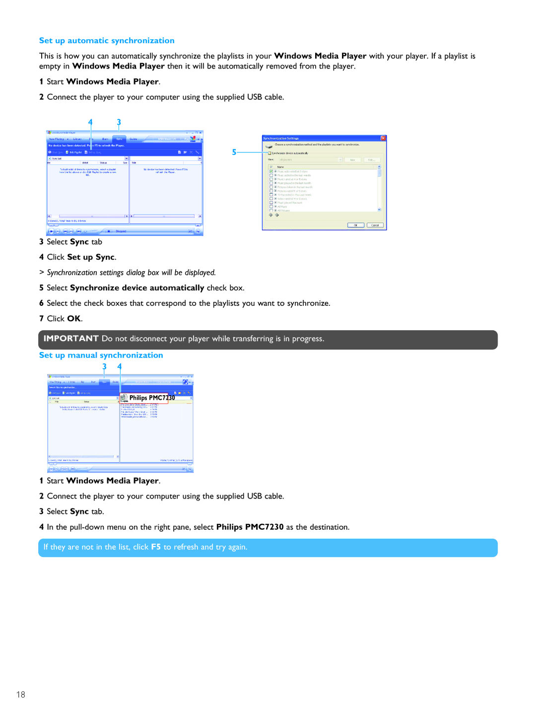 Philips PMC7230 Set up automatic synchronization, Click Set up Sync, Select Synchronize device automatically check box 