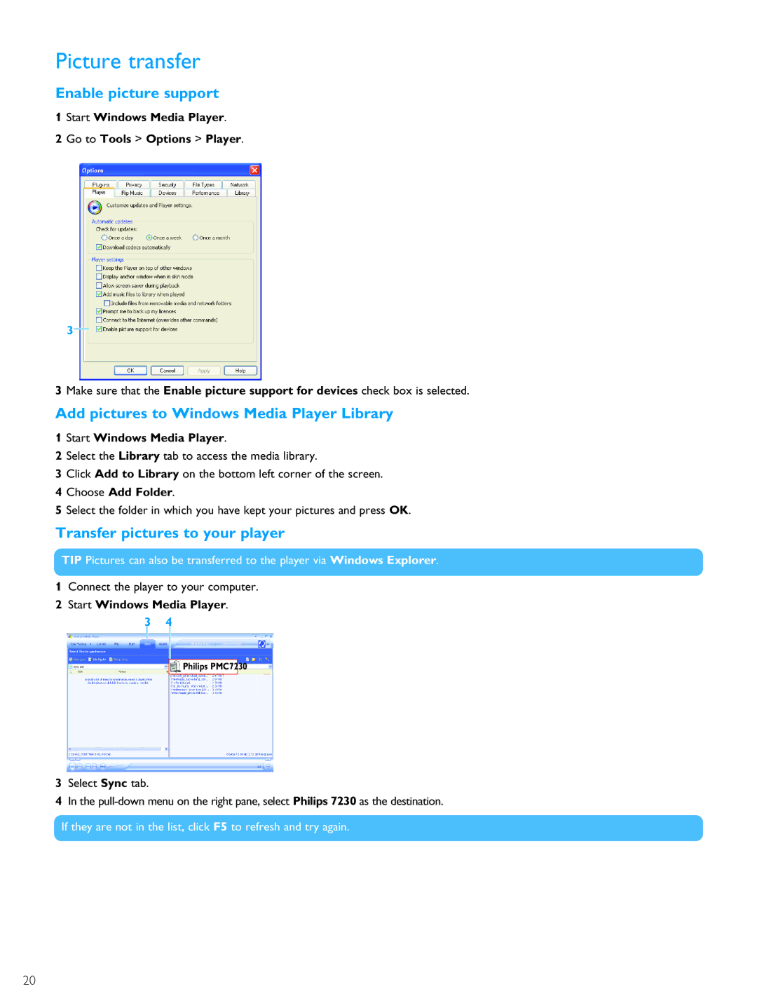 Philips PMC7230 user manual Picture transfer, Enable picture support, Add pictures to Windows Media Player Library 