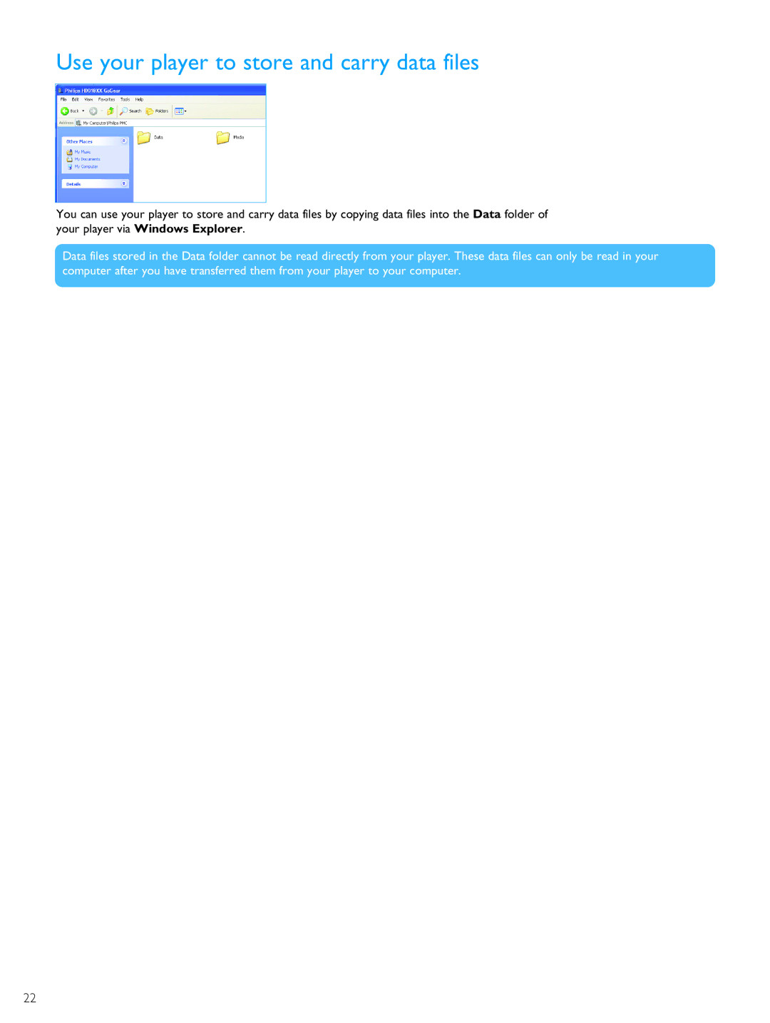 Philips PMC7230 user manual Use your player to store and carry data files 