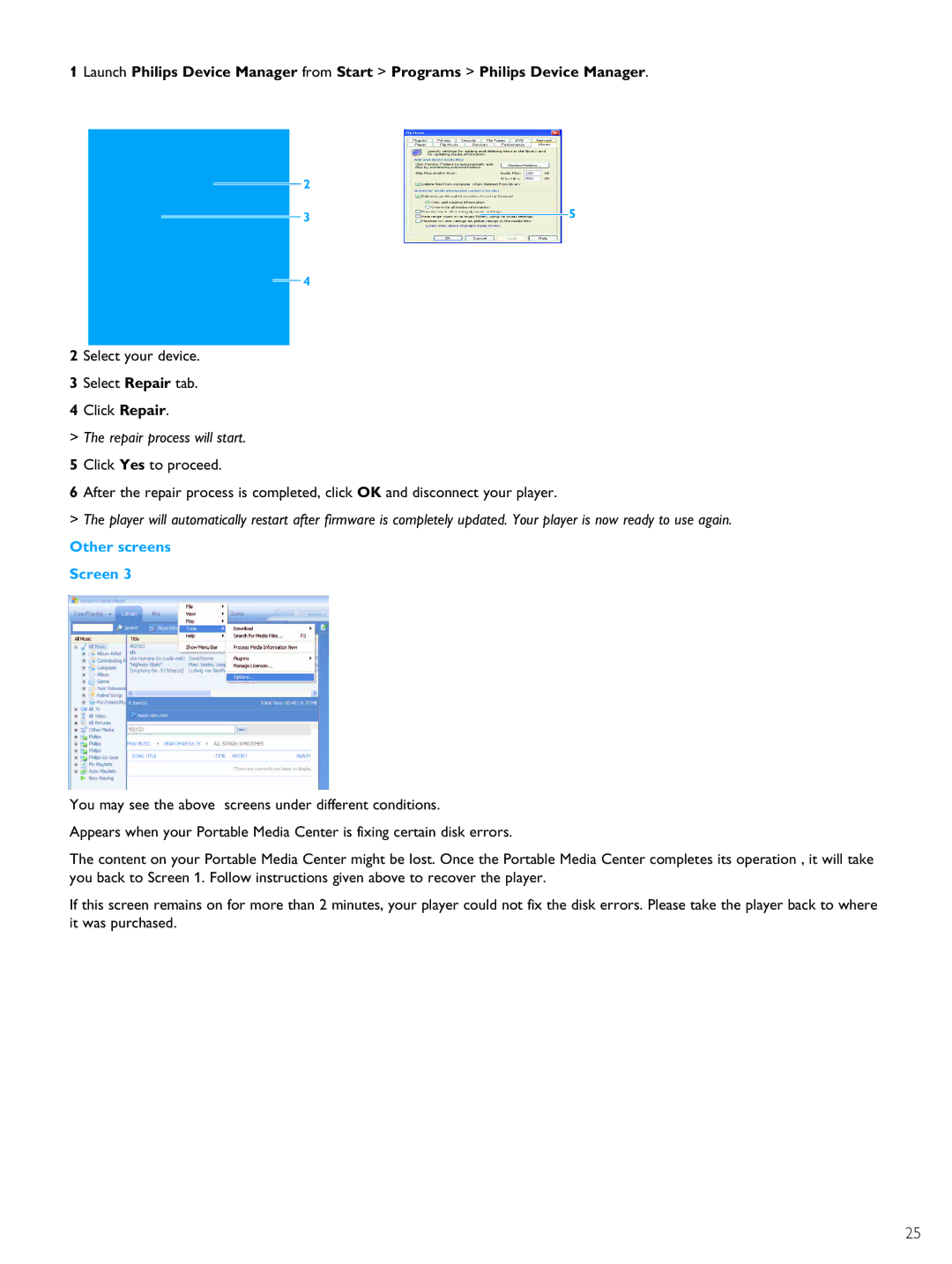 Philips PMC7230 user manual Click Repair, Other screens Screen 