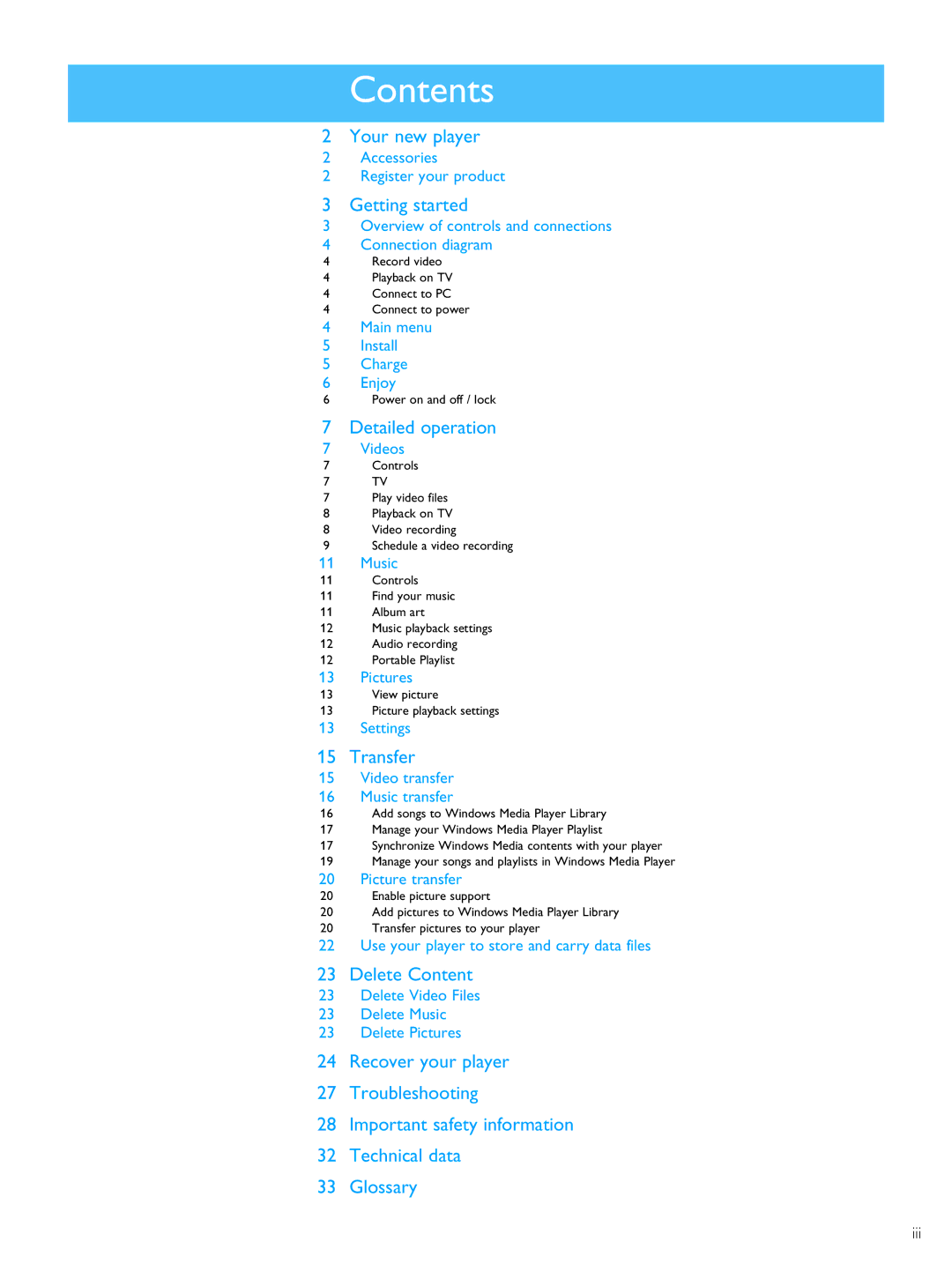 Philips PMC7230 user manual Contents 