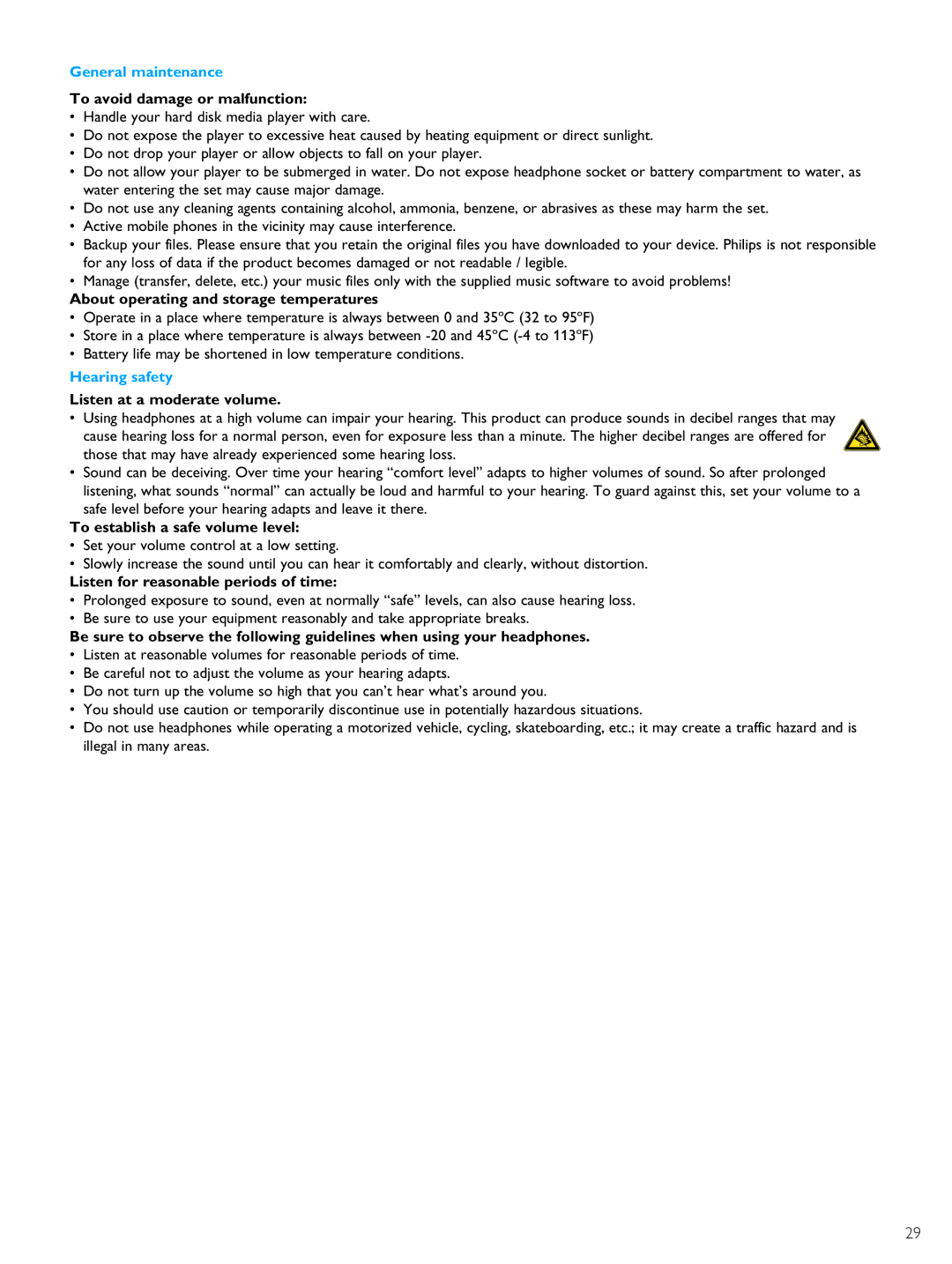 Philips PMC7230 user manual General maintenance, Hearing safety 