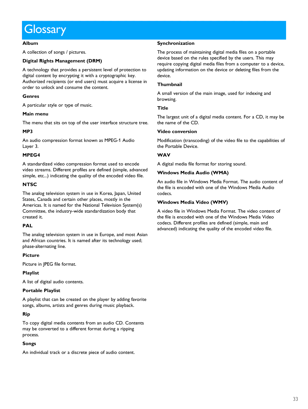 Philips PMC7230 user manual Glossary 