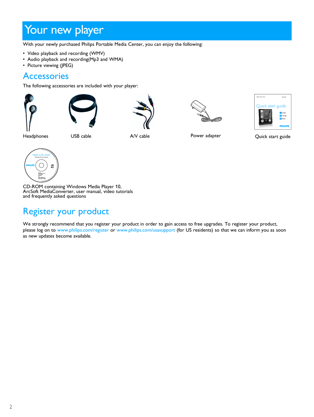 Philips PMC7230 user manual Your new player, Accessories, Register your product 