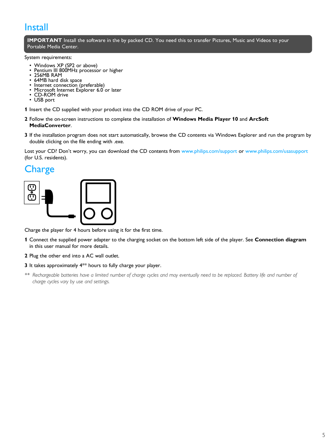 Philips PMC7230 user manual Install, Charge, MediaConverter 