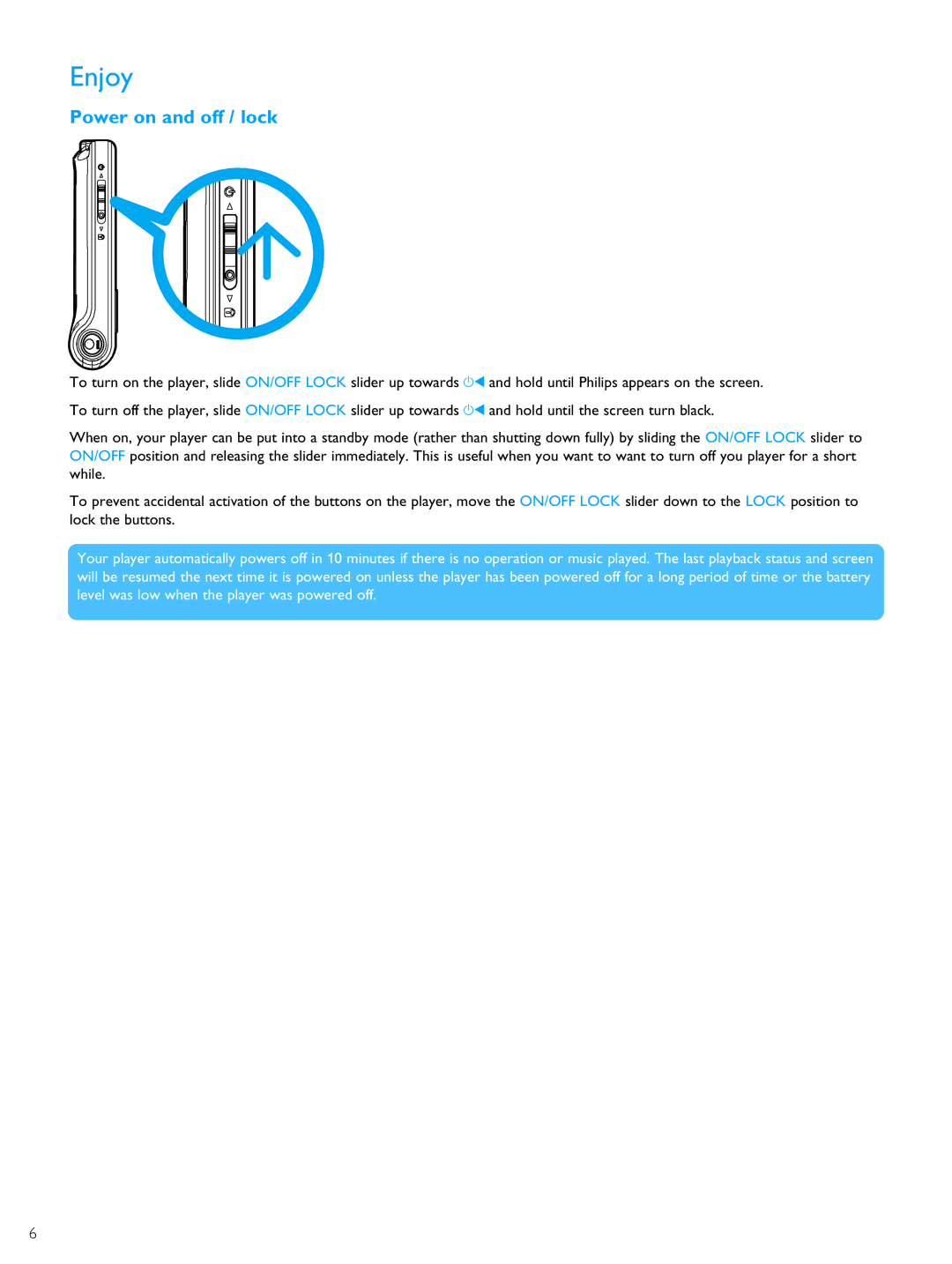 Philips PMC7230 user manual Enjoy, Power on and off / lock 