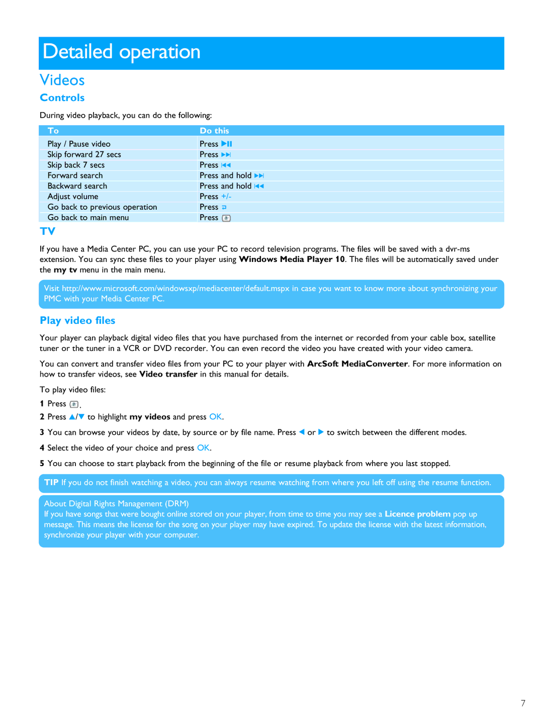 Philips PMC7230 user manual Detailed operation, Videos, Controls, Play video files 