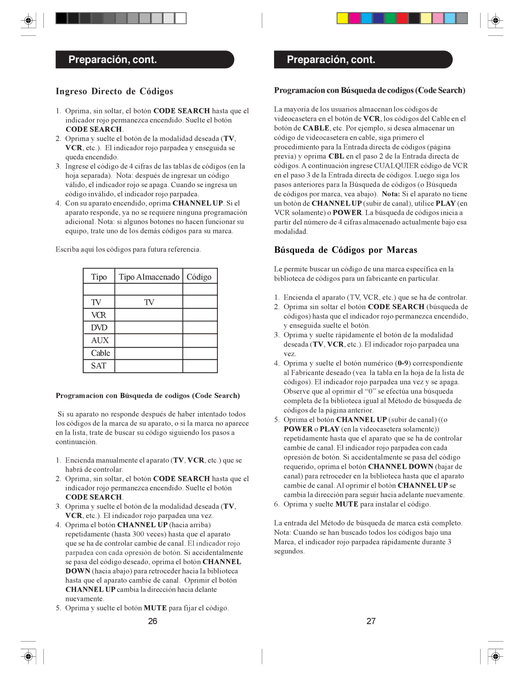 Philips pmdvd6 manual Preparación, Ingreso Directo de Códigos, Programacíon con Búsqueda de codigos Code Search 