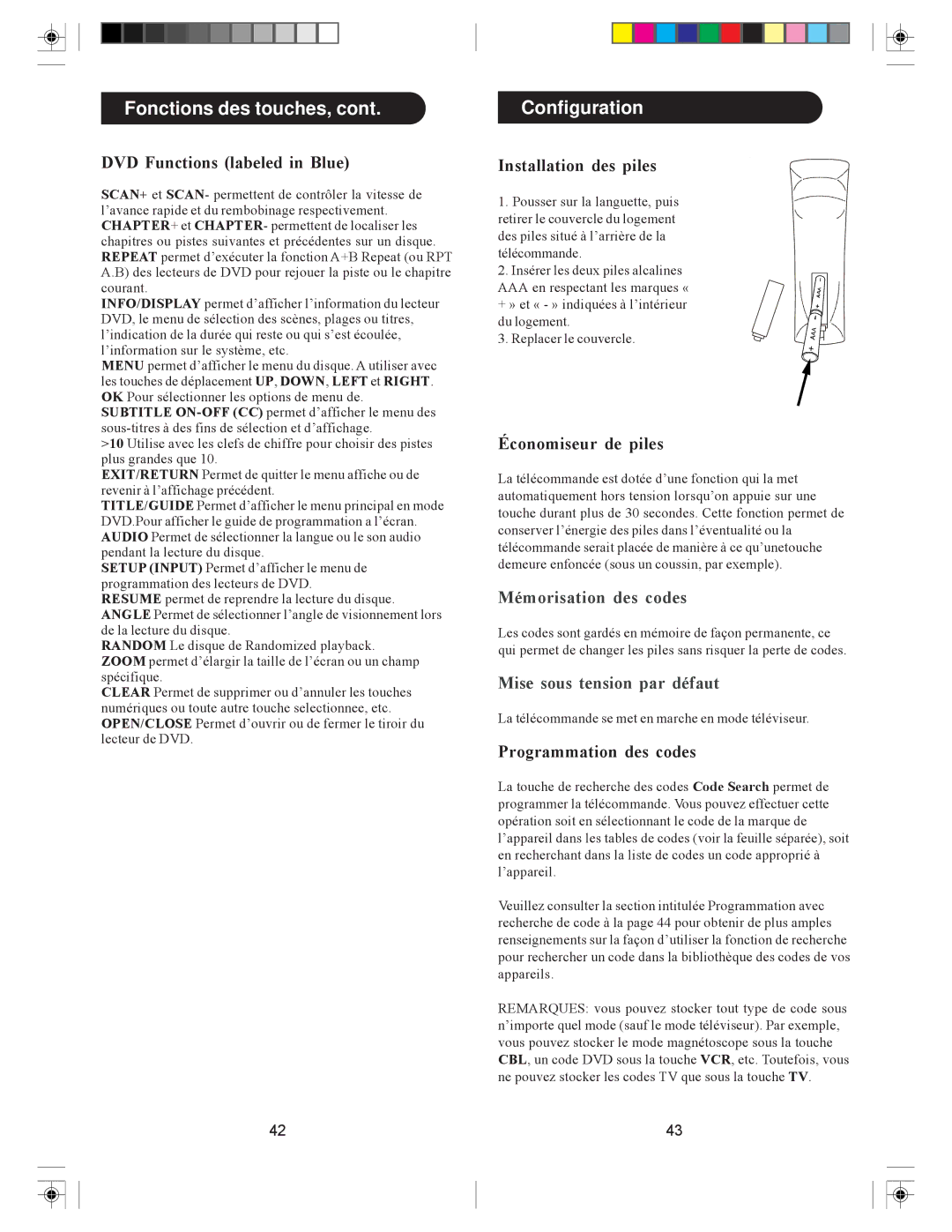 Philips pmdvd6 manual Configuration, DVD Functions labeled in Blue, Installation des piles, Économiseur de piles 