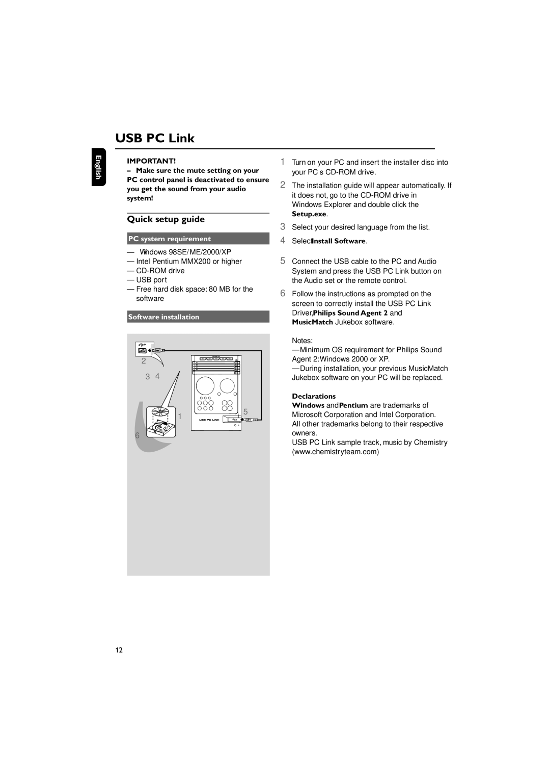 Philips pmn manual USB PC Link, Quick setup guide, PC system requirement, Software installation 