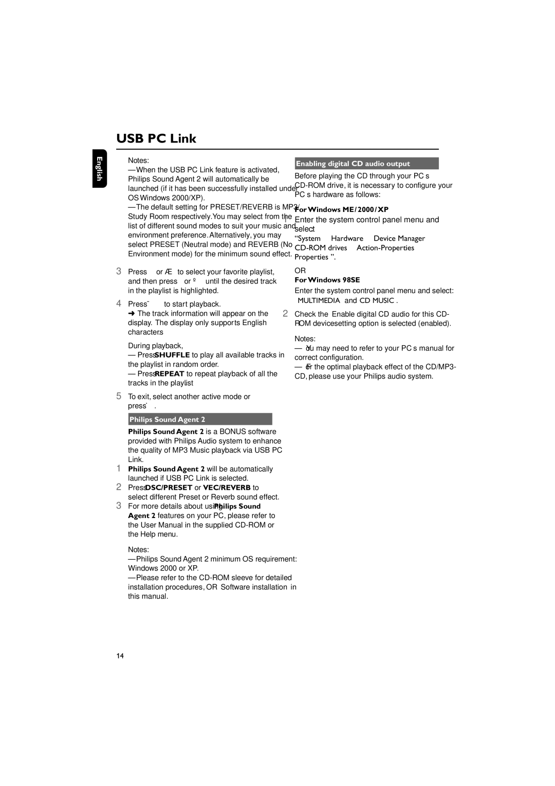 Philips pmn manual Philips Sound Agent Enabling digital CD audio output, For Windows ME/2000/XP, For Windows 98SE 