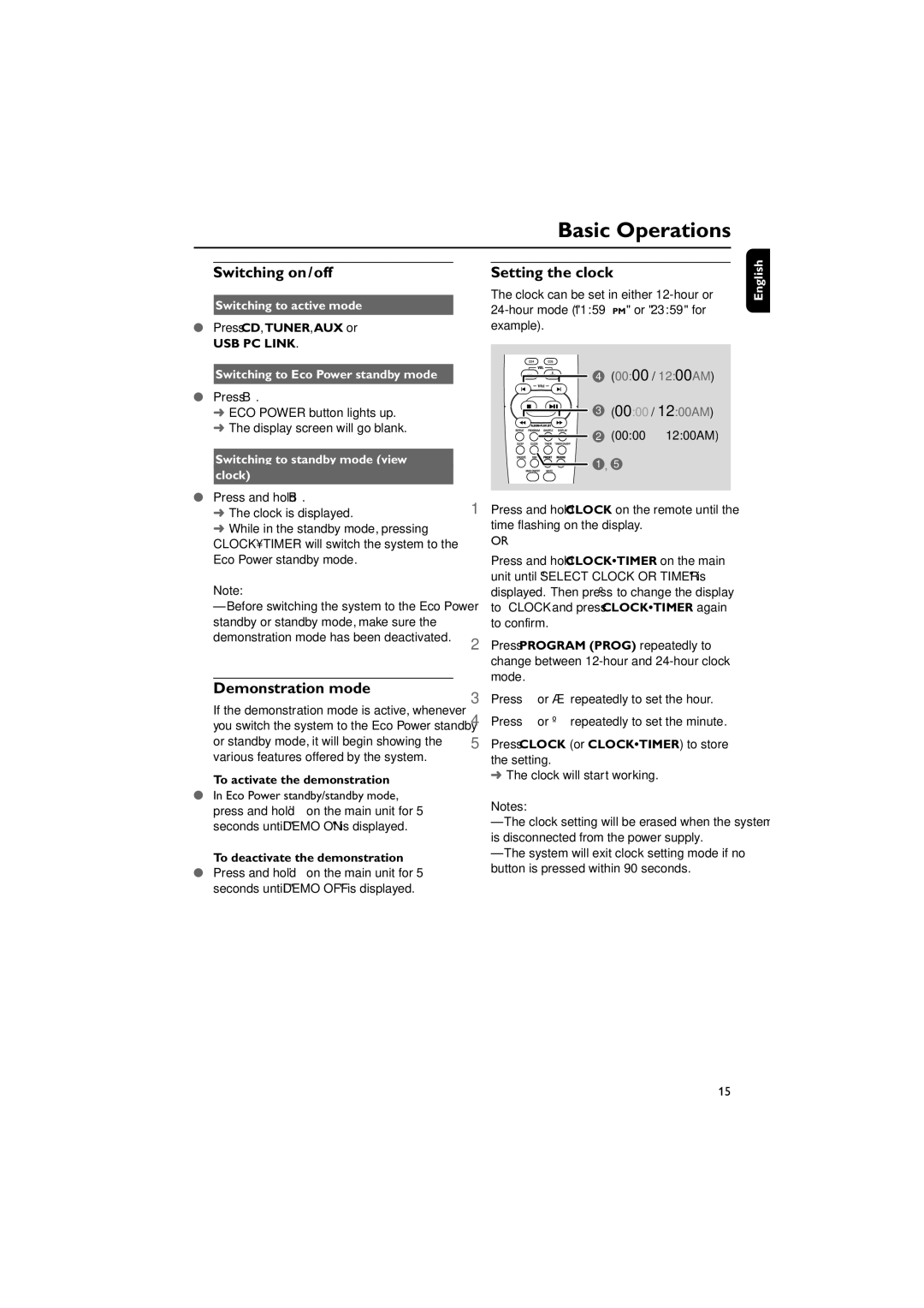 Philips pmn manual Basic Operations, Switching on/off, Demonstration mode, Setting the clock 