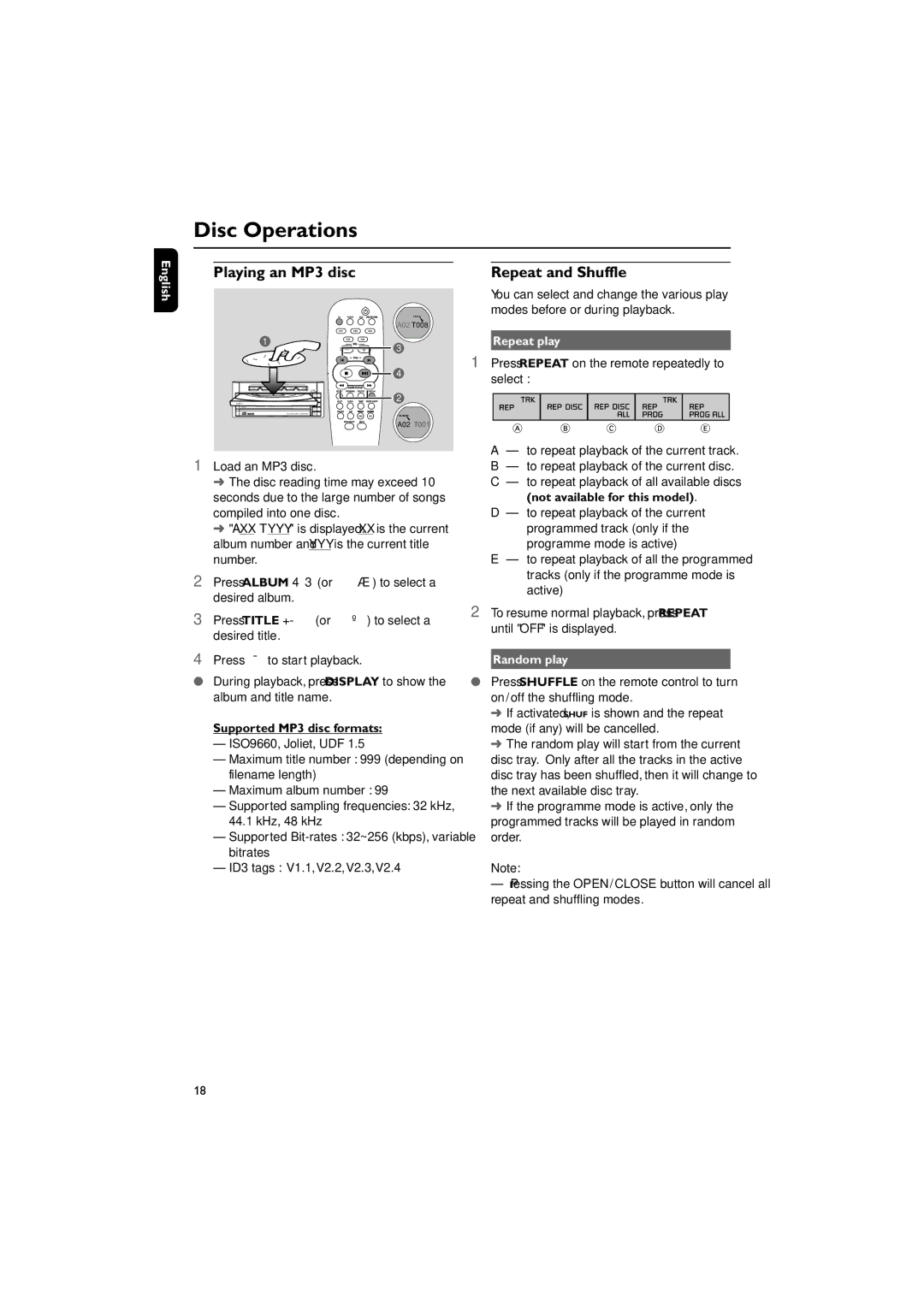 Philips pmn manual Playing an MP3 disc, Repeat play, Supported MP3 disc formats, Not available for this model, Random play 