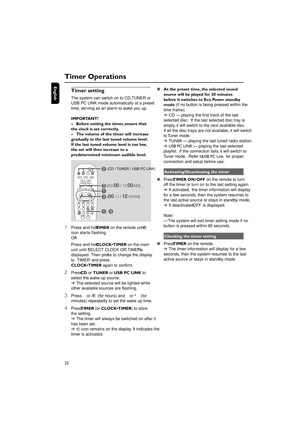 Philips pmn Timer Operations, Timer setting, Press Timer or Clocktimer to store the setting, Checking the timer setting 