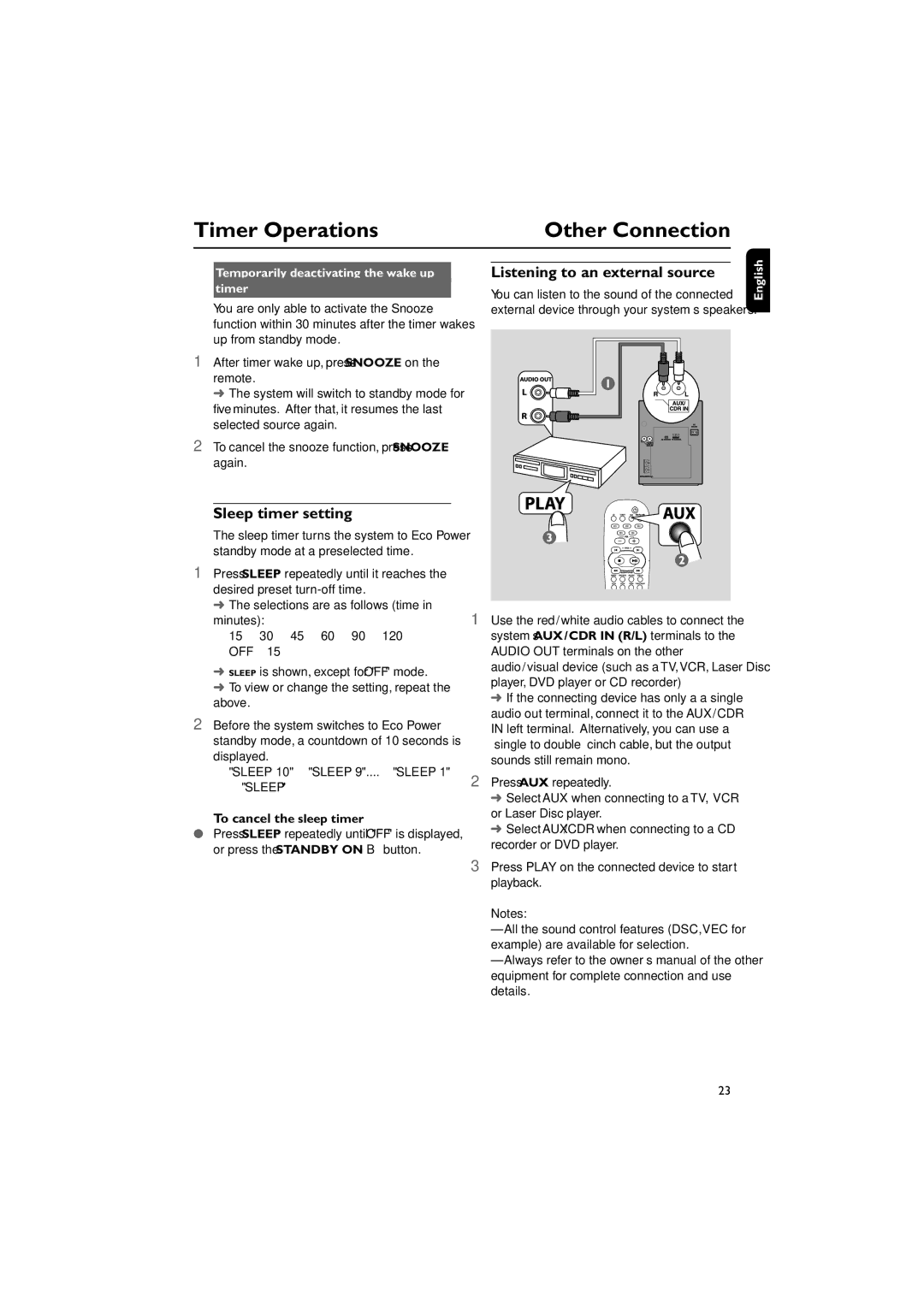 Philips pmn manual Sleep timer setting, Listening to an external source, Temporarily deactivating the wake up Timer 