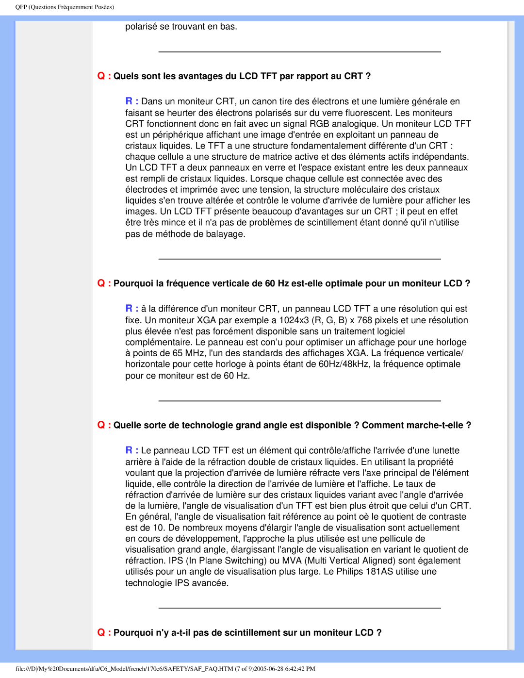 Philips PN-93, PN-89, T-42107, E-06251 user manual Quels sont les avantages du LCD TFT par rapport au CRT ? 