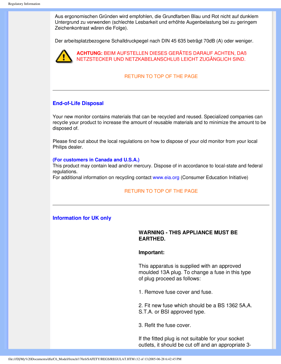 Philips T-42107, PN-89, PN-93, E-06251 user manual End-of-Life Disposal, Information for UK only 