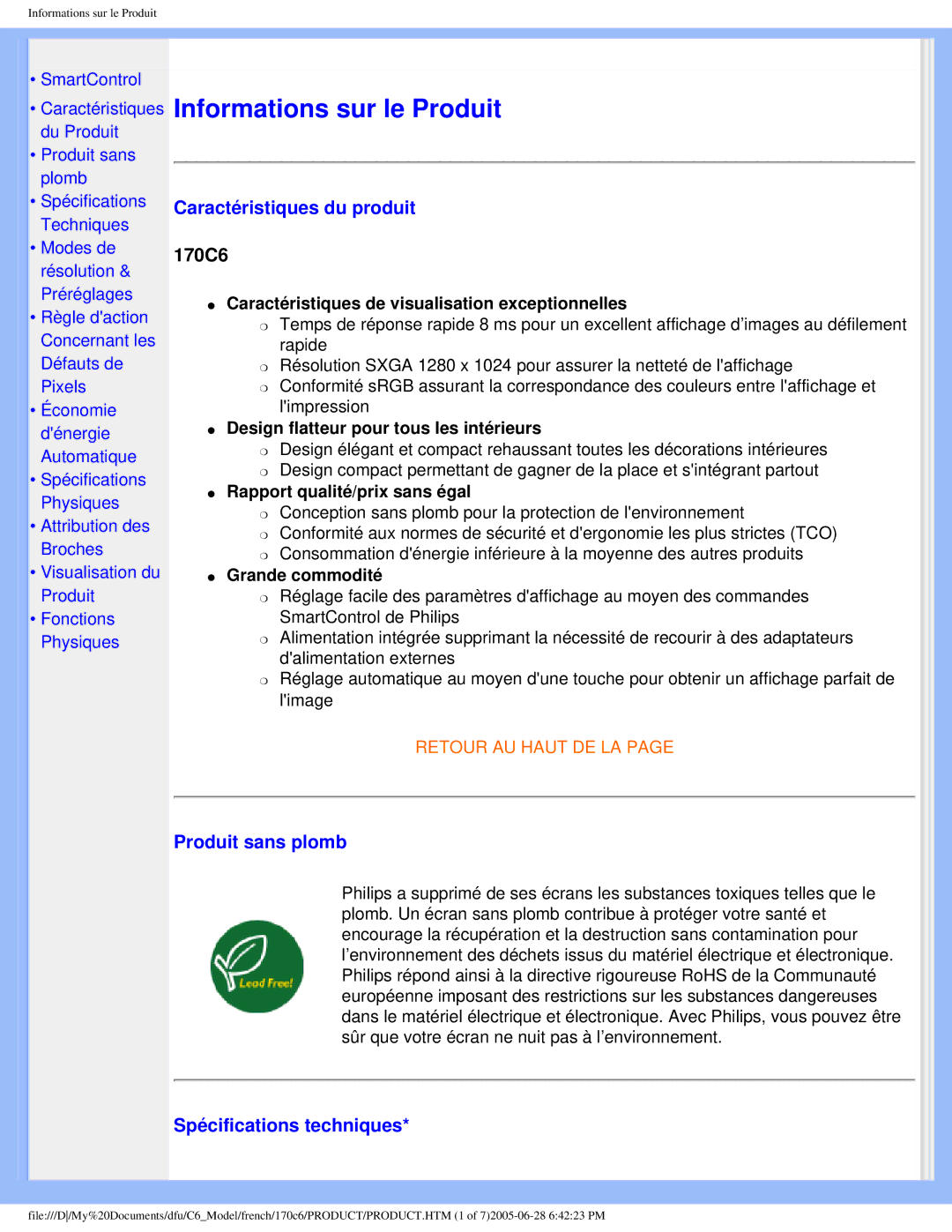 Philips T-42107, PN-89, PN-93, E-06251 user manual Caractéristiques du produit, Produit sans plomb, Spécifications techniques 