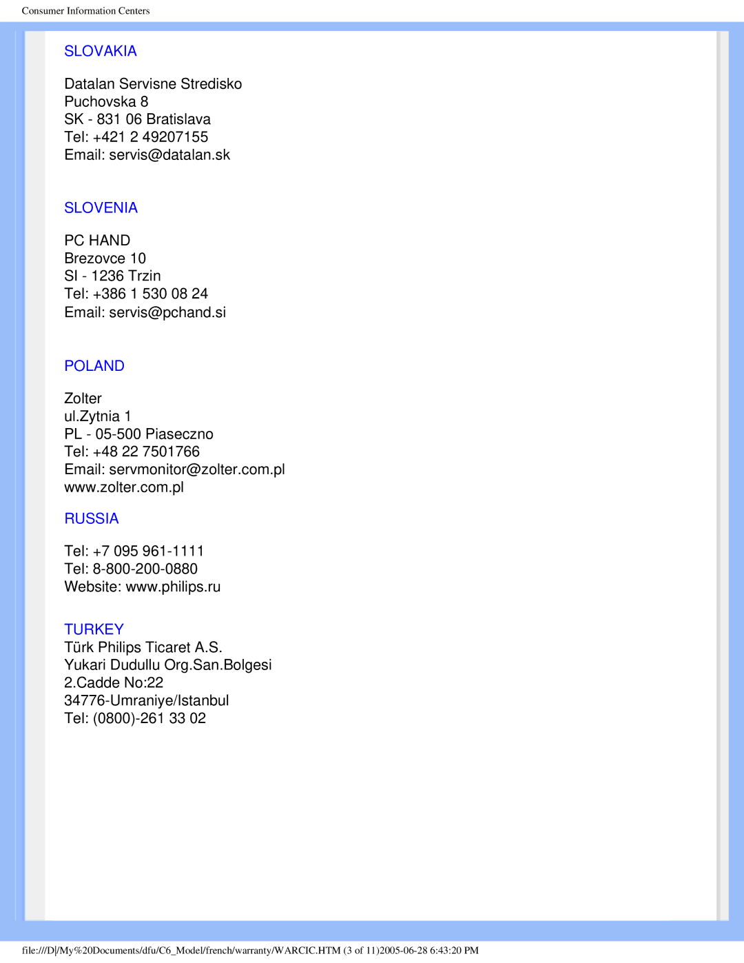 Philips PN-89, PN-93, T-42107, E-06251 user manual Slovakia, Slovenia, Poland, Russia, Turkey 