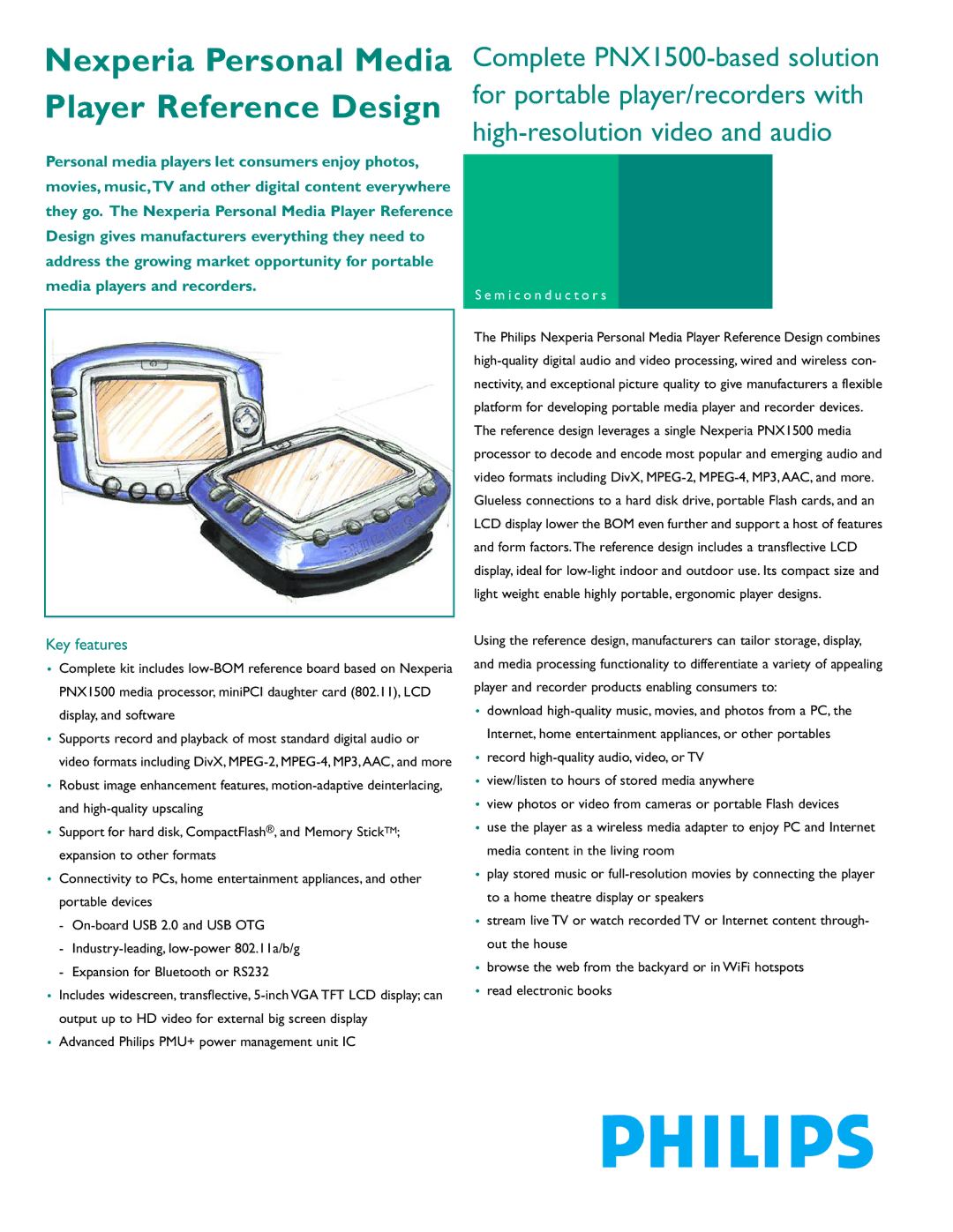 Philips PNX1500 manual Nexperia Personal Media Player Reference Design, Key features 